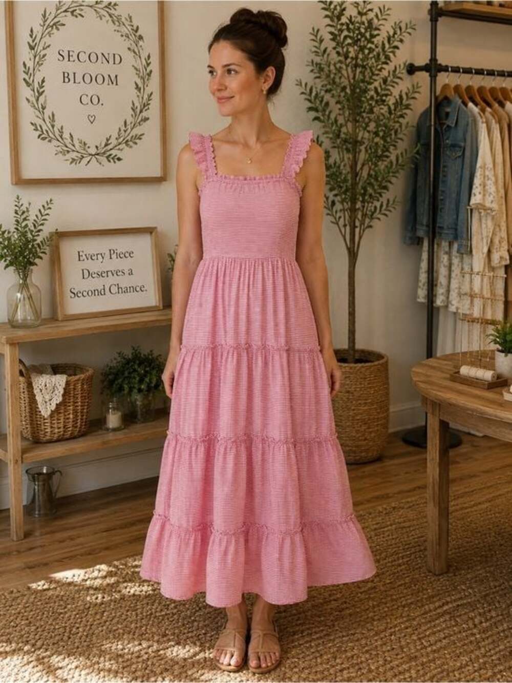 J.Crew XS Pink & White Striped Smocked Tiered Midi Dress